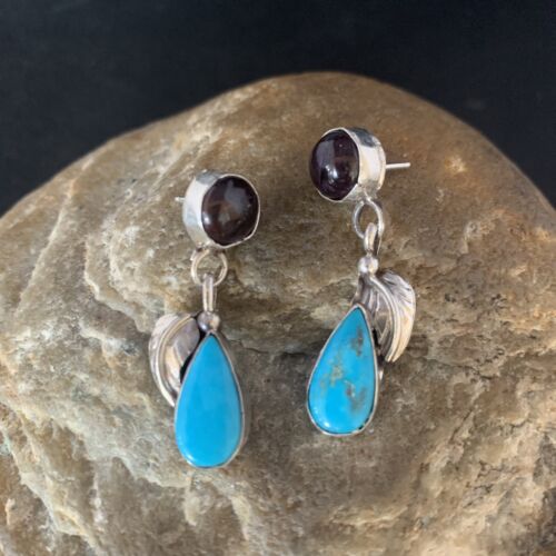 Navajo Sterling Silver Dangle Leaf Earrings | Purple Sugilite & Blue Turquoise | 13443