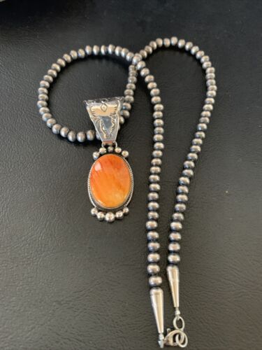 Navajo Orange Spiny Oyster Pendant Necklace | Sterling Silver | Authentic Native American Handmade | 13082