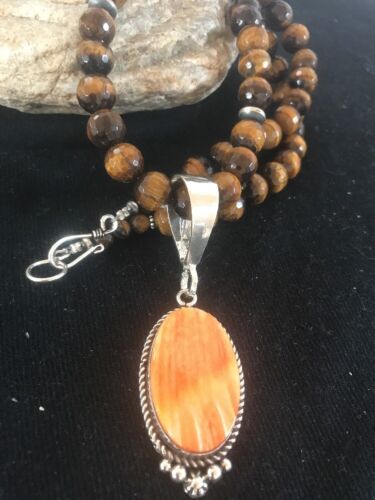 Navajo Spiny Oyster Pendant with Tigers Eye | Sterling Silver Necklace | Authentic Native American Handmade | 3652