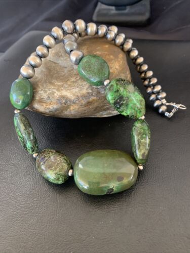 Navajo Chunky Graduated Natural Green Turquoise Necklace | Sterling Silver | Authentic Native American | 18" | 11770
