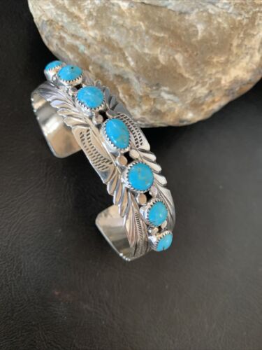 Navajo Kingman Turquoise Cuff Bracelet | Sterling Silver | 7 Stone | Authentic Native American Handmade | 12314