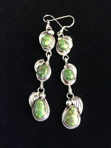 Navajo Green Sonoran Gold Turquoise 3" Dangle Earrings | Sterling Silver | Authentic Native American Handmade | 1732