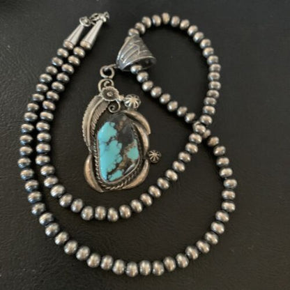 Navajo Pearl Necklace with Blue Spiderweb Turquoise Pendant | Sterling Silver | Native American Handmade | 13258