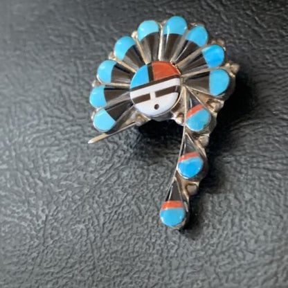 Zuni Turquoise Mother of Pearl Onyx Inlay Sun Face Necklace Pin Pendant | Sterling Silver | 1679