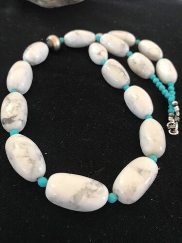 Navajo White Howlite Turquoise Beads Necklace | Sterling Silver | 22" | Authentic Native American Handmade | 10241