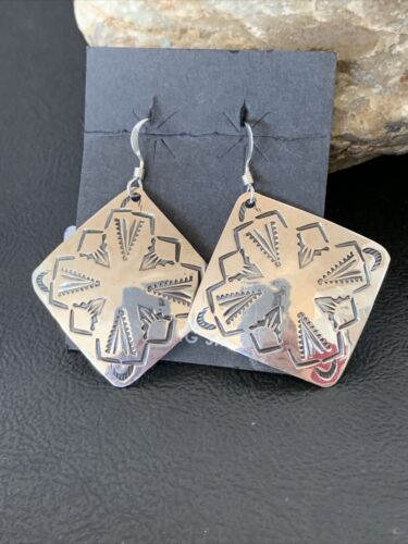Native American Women's Dangle Earrings | Navajo Sterling Silver Stamped Handmade | 1660