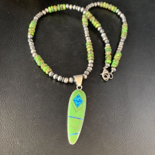 Navajo Green Turquoise Gaspeite Inlay Necklace | Sterling Silver | Authentic Native American Handmade | 13809