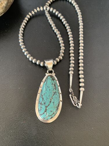 Men's Navajo Pearl Necklace with Blue Spiderweb Turquoise Pendant | Sterling Silver | 10538