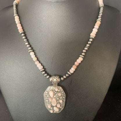 Navajo Pink Opal Beads Necklace | Multi-Stone Mother of Pearl Pendant | Sterling Silver | 13441
