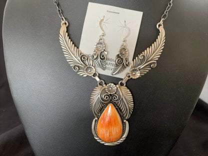 Navajo Orange Spiny Oyster Necklace & Earrings Set | Sterling Silver | Authentic Native American Handmade | 2104