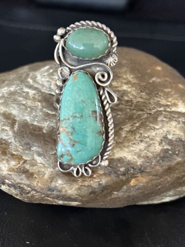 Navajo Green Turquoise Cluster Ring | Authentic Native American Sterling Silver | Multi-Stone | Sz 12 | 14696