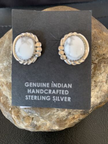 Navajo Sterling Silver White Howlite Oval Earrings | 0.50" | Authentic Native American Handmade | 13374