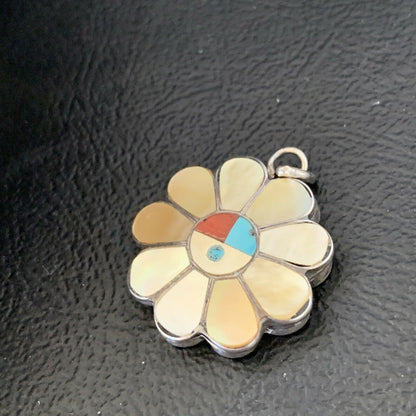 Zuni Sunface Pendant | Yellow White Mother of Pearl Coral Inlay | Sterling Silver | 2 Sided | 1683