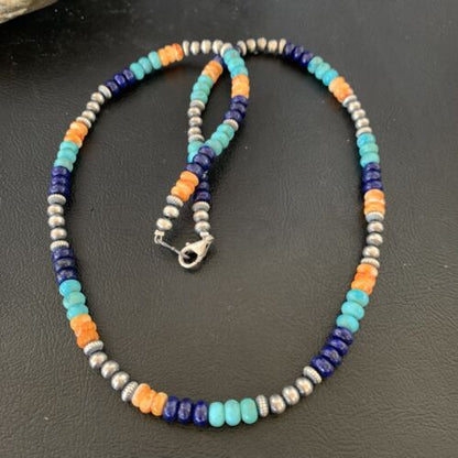 Navajo Blue Lapis Turquoise Orange Spiny Oyster Sterling Necklace 22" | Handmade Jewelry 13363