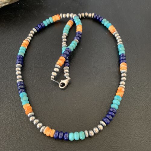 Navajo Blue Lapis Turquoise Orange Spiny Oyster Necklace | Sterling Silver | 22" | 13364 - Masha USA