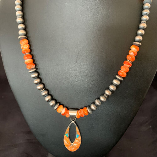 Navajo Pearls Sterling Silver Necklace | Orange Spiny Oyster Inlay Pendant | Authentic Native American Handmade | 11318