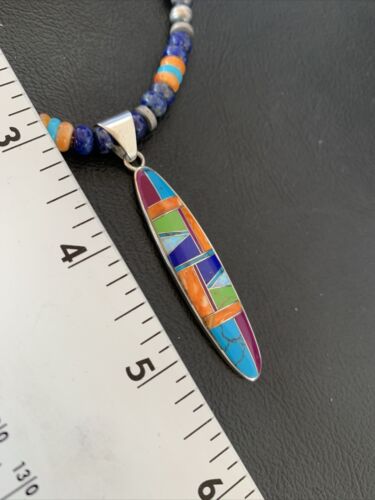 Navajo Sterling Silver Turquoise & Spiny Oyster Inlay Multicolor Necklace Pendant | Authentic Native American Handmade | 11638