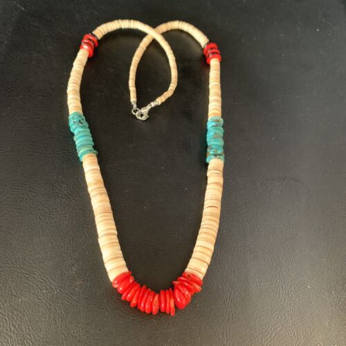 Authentic Native American Santo Domingo Necklace | Shell, Red Coral, Blue Turquoise, Onyx | 22" | 13486