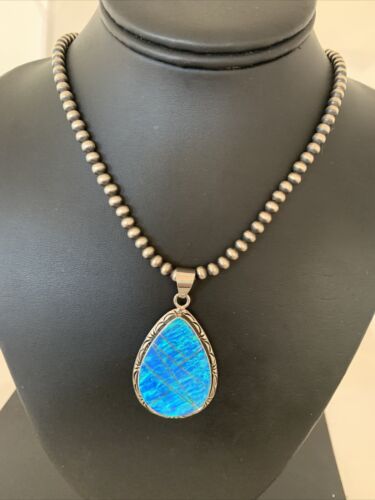 Native American Women's Navajo Blue Faux Opal Pendant | Sterling Silver | 2.30" | 01896