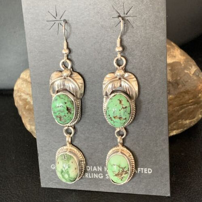 Navajo Green Spiderweb Turquoise Dangle Earrings | Sterling Silver | Authentic Native American Handmade | 13544