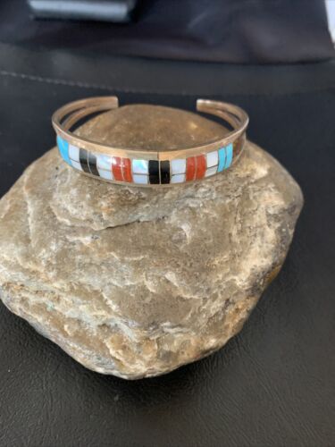 Navajo Sterling Silver Multi-Color Inlay Bracelet | Turquoise | Native American Jewelry | 12919