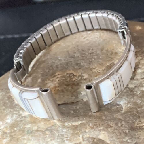 Navajo Sterling Silver Watch Tips with Pink Mother of Pearl Inlay Band | Authentic Native American Jewelry | 13693