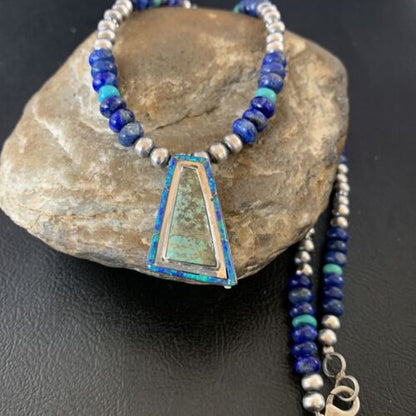 Navajo Men's Pendant | Blue Lapis Turquoise Opal Inlay | Sterling Silver Necklace | 22" | 13356