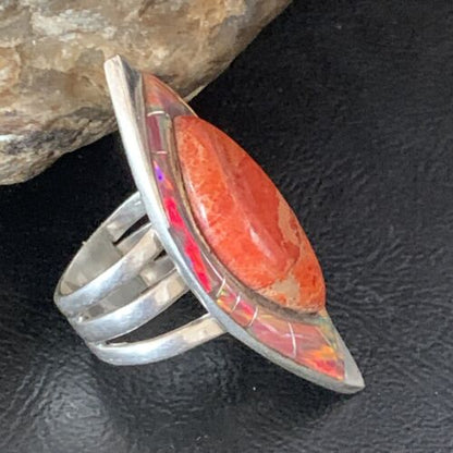 Navajo Red Spiny Oyster Opal Inlay Ring | Sterling Silver | Sz 6 | Authentic Native American Handmade | 12842