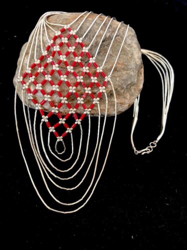 Southwestern Coral Heishi Necklace | 7 Strands Sterling Silver | Navajo | 3699