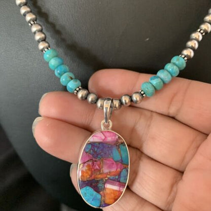 Navajo Pearls Sterling Silver Necklace with Turquoise and Purple Spiny Oyster Pendant | 13153