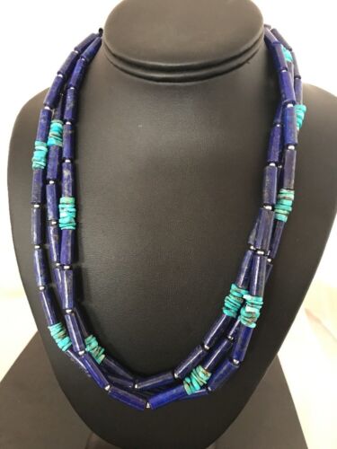 Turquoise Denim Lapis Multi Strand Navajo Necklace | Sterling Silver 23" | Southwestern | 3318 - Masha USA
