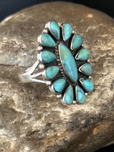 Navajo Blue Turquoise Cluster Ring | Authentic Native American Sterling Silver | Multi-Stone | Sz 9 | 14265