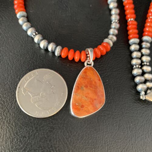 Native American Navajo Red Apple Coral Pendant Necklace | Sterling Silver Naja | 13944