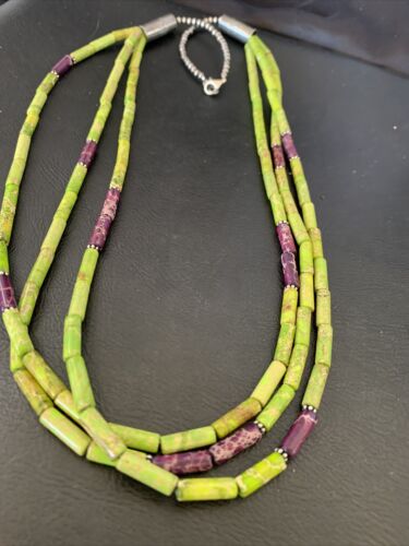 Navajo Green Purple Jasper 3-Strand Bead Necklace | Sterling Silver | 24" | Authentic Native American Handmade | 12511
