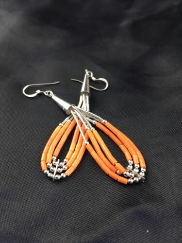 Native American Liquid Silver Heishi Dangle Earrings | Orange Coral | Sterling Silver | 2" | 2033