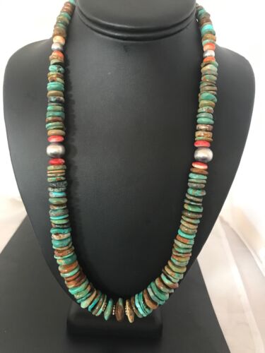 Authentic Native American Navajo Necklace | Green Turquoise & Spiny Oyster | Sterling Silver | 22" Pendant by Platero | 1255