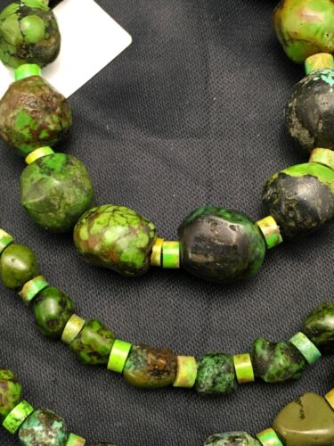 Navajo Green Nugget Graduated Turquoise Necklace | Sterling Silver | Authentic Native American | 24" | 8102