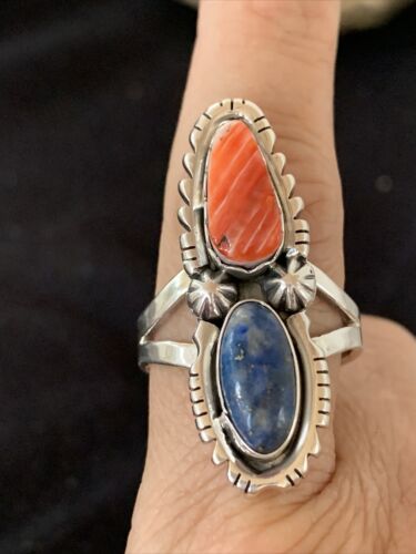 Navajo Red Spiny Oyster, Lapis, and Multi-Stone Ring | Authentic Native American Sterling Silver | Sz 10.5 | 1077