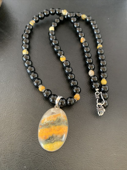 Men's Navajo Pearls Onyx Bumblebee Jasper Necklace Pendant | Sterling Silver | Native American Handmade | 10325