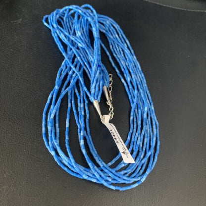 Navajo Stabilized Denim Lapis Heishi Necklace | 10 Strand | Sterling Silver Tube | 24" | 13421