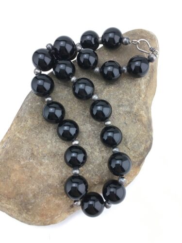Navajo Sterling Silver Black Onyx Bead Necklace | 18" | Authentic Native American Handmade | 1104