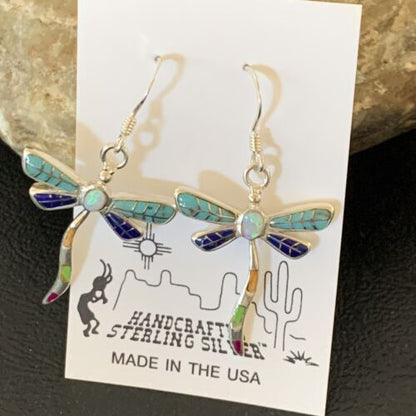 Navajo Dragonfly Turquoise Spiny Opal Inlay Earrings | Sterling Silver | 1" | 12017