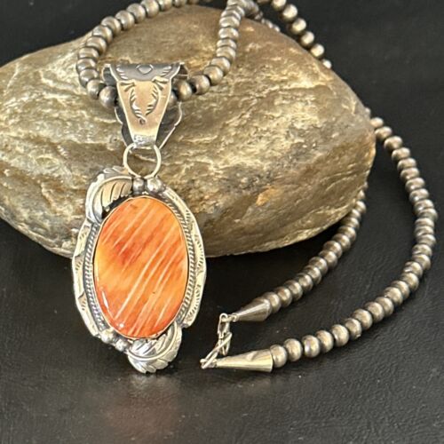 Navajo Orange Spiny Oyster Necklace Pendant | Sterling Silver | Authentic Native American Handmade | 14680