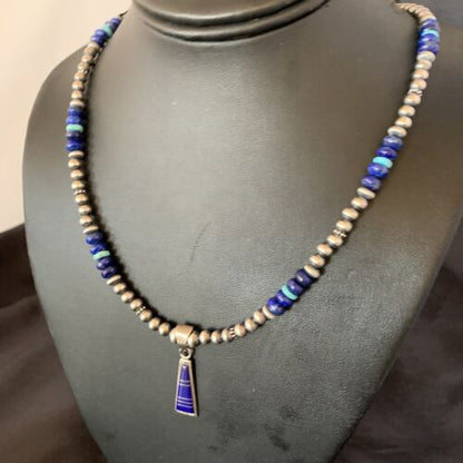 Men's Navajo Pearl Blue Lapis Turquoise Inlay Pendant Necklace | Sterling Silver | 21" | 12610