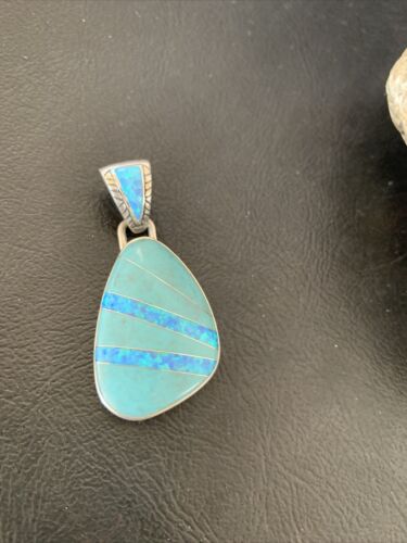 Men's Women's Navajo Blue Turquoise Opal Inlay Pendant | Sterling Silver | Authentic Native American Handmade | 12489