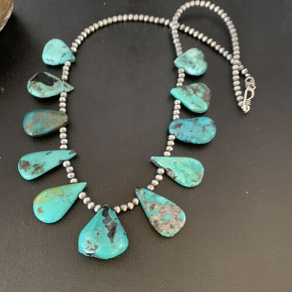 Southwestern Navajo Pearls Necklace | Sterling Silver | Blue Turquoise Teardrop | 13156