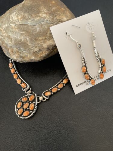 Navajo Orange Spiny Oyster Necklace Earrings Set | Sterling Silver | Authentic Native American Handmade | 2103