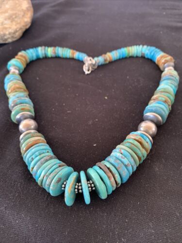 Southwestern Navajo Blue & Green Turquoise Necklace | Sterling Silver | Graduated | Authentic Native American | 20" | 1143 - Masha USA