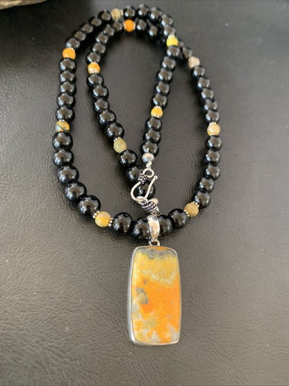 Men's Navajo Pearls Onyx Bumblebee Jasper Necklace Pendant | Sterling Silver | Native American Handmade | 10326
