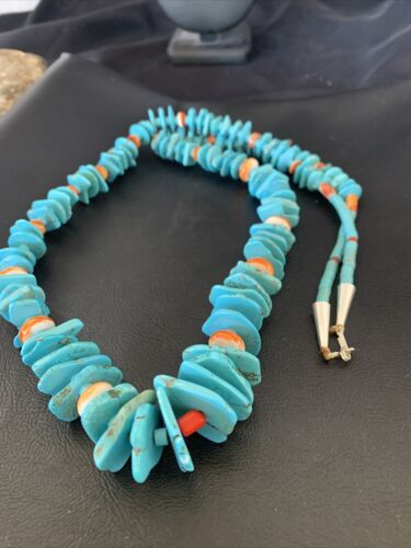 Authentic Native American Santo Domingo Necklace | Sterling Silver & Spiny Turquoise | 36" Graduated | 12067